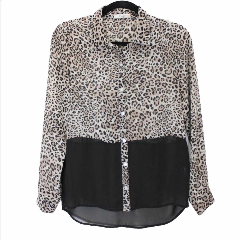 FREEBIRD Semi-Sheer Leopard Print Blouse Dress Shirt Leopard Top Button Up Small